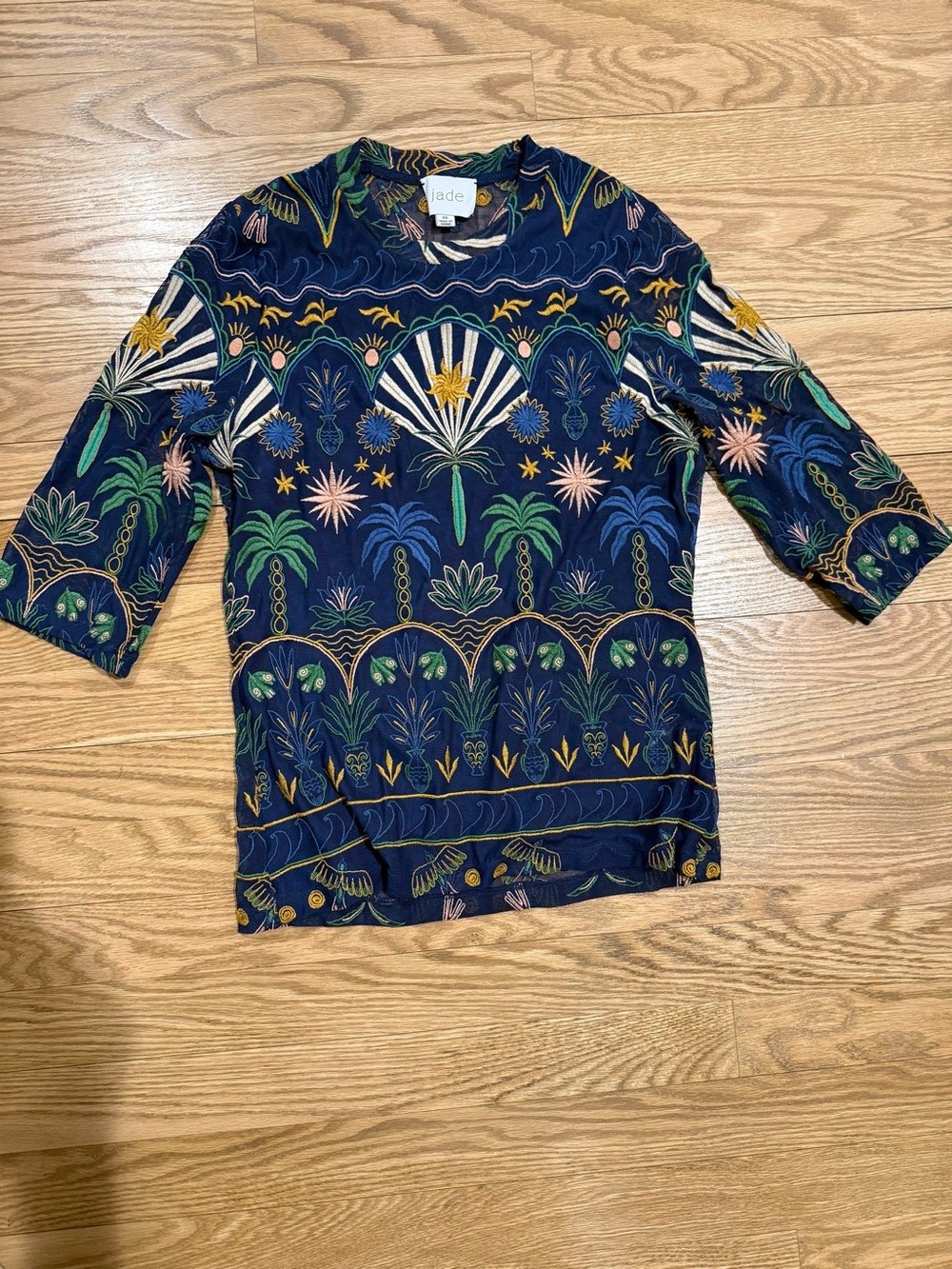 Jade (by Johnny Was)Navy Multicolor Embroidered Tropical Knit Top